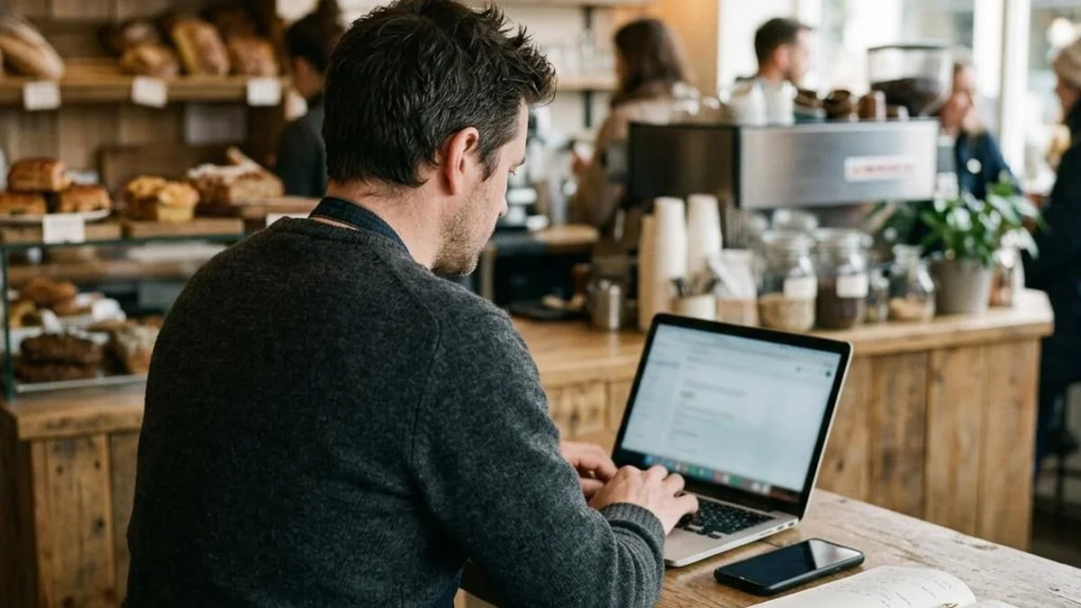 A cafe owner setting up their business with a laptop and phone