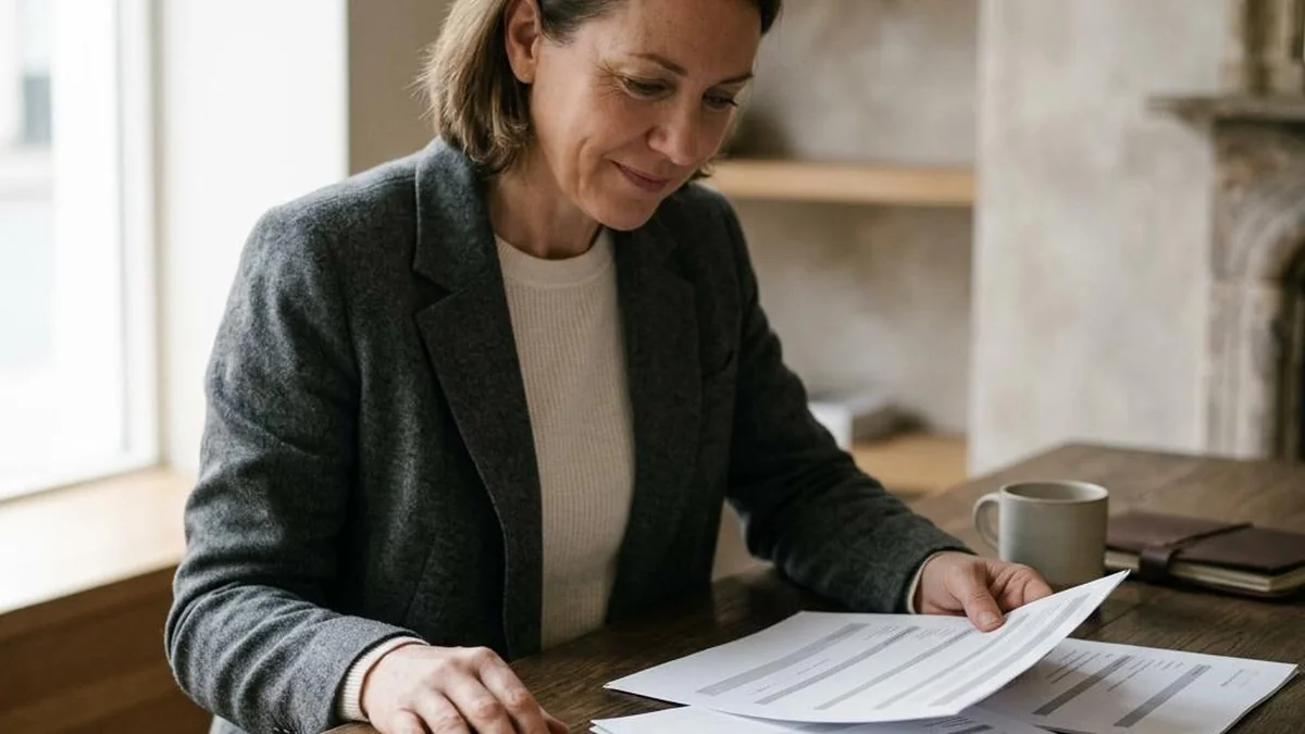 A business owner reviewing documents beside a pen and reading glasses