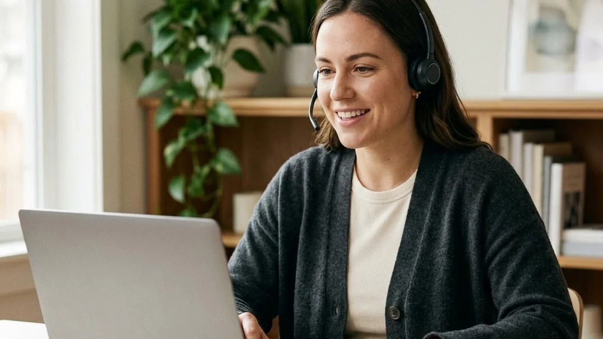 Illustrative support specialist wearing a headset at a laptop